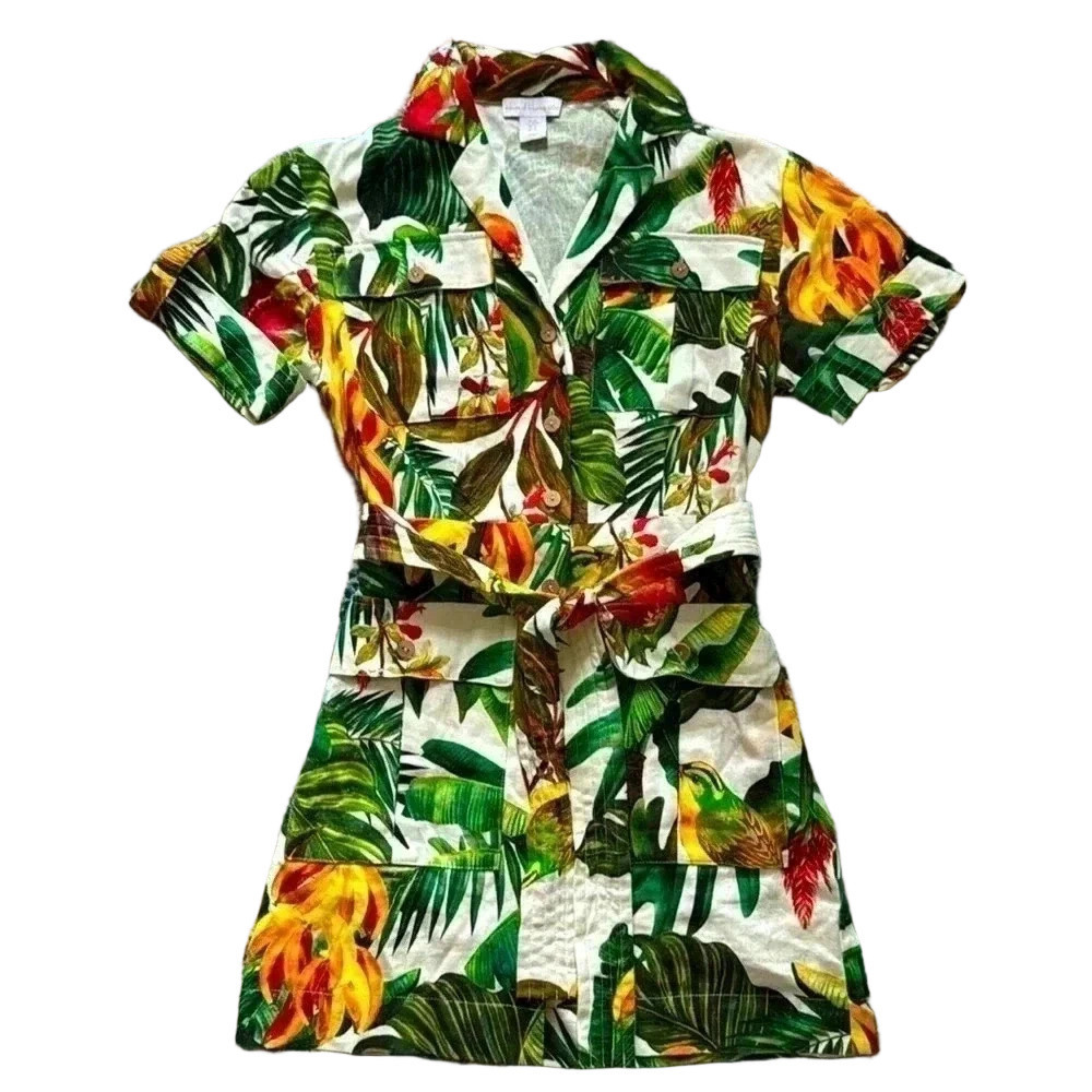 House of Harlow 1960 tropical bird and flower linen cargo dress XS NWOT